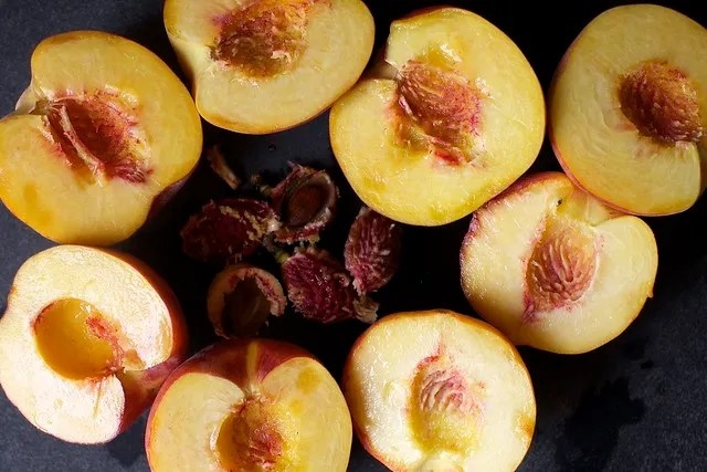 halved peaches, some freestone
